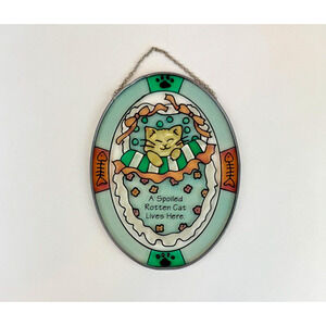 Stained Glass "A Spoiled Rotten Cat Lives Here" Oval Suncatcher Meow Kitty Purrr